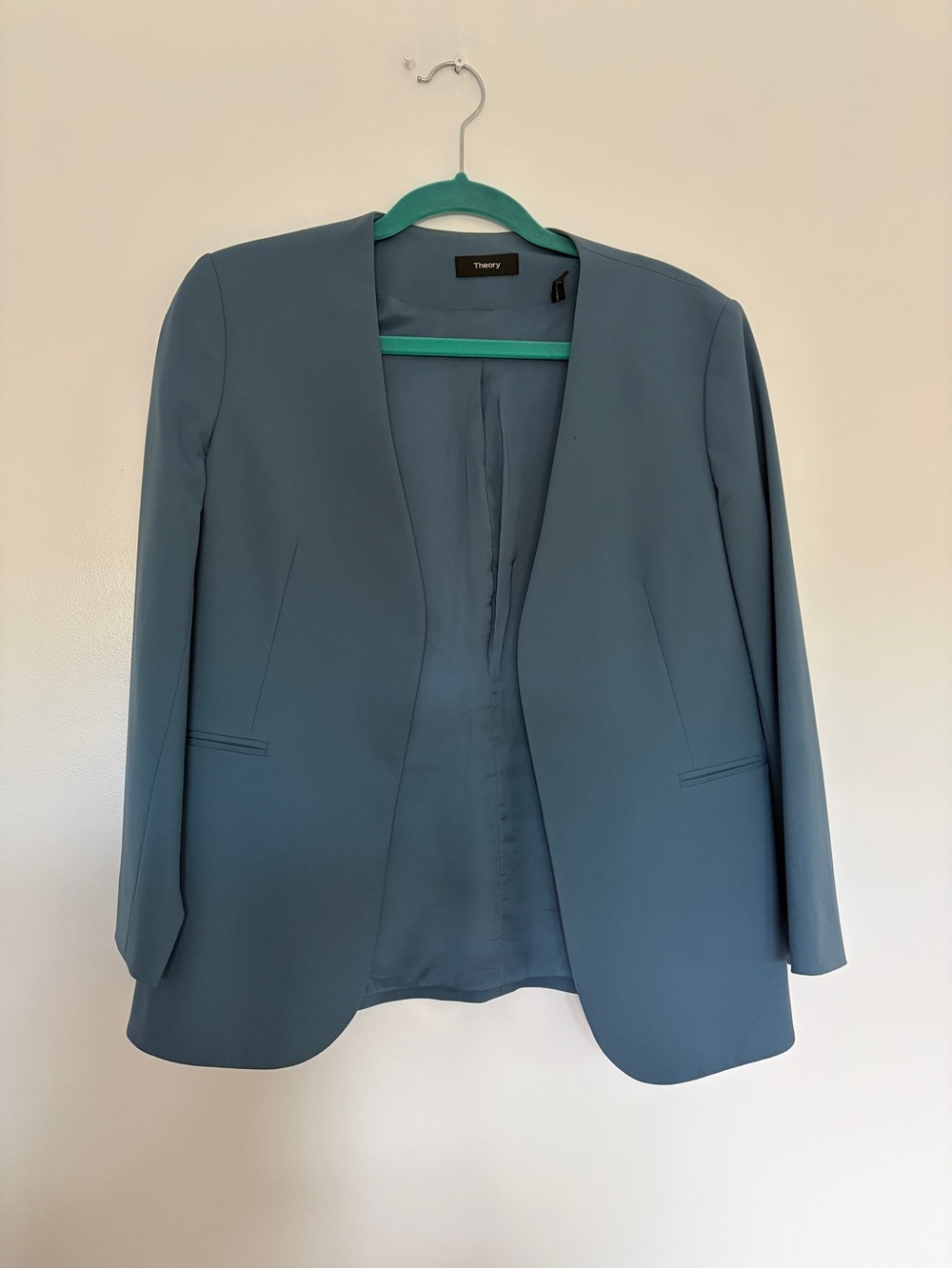 Theory Womens Collarless Slate-Blue Open Front Blazer